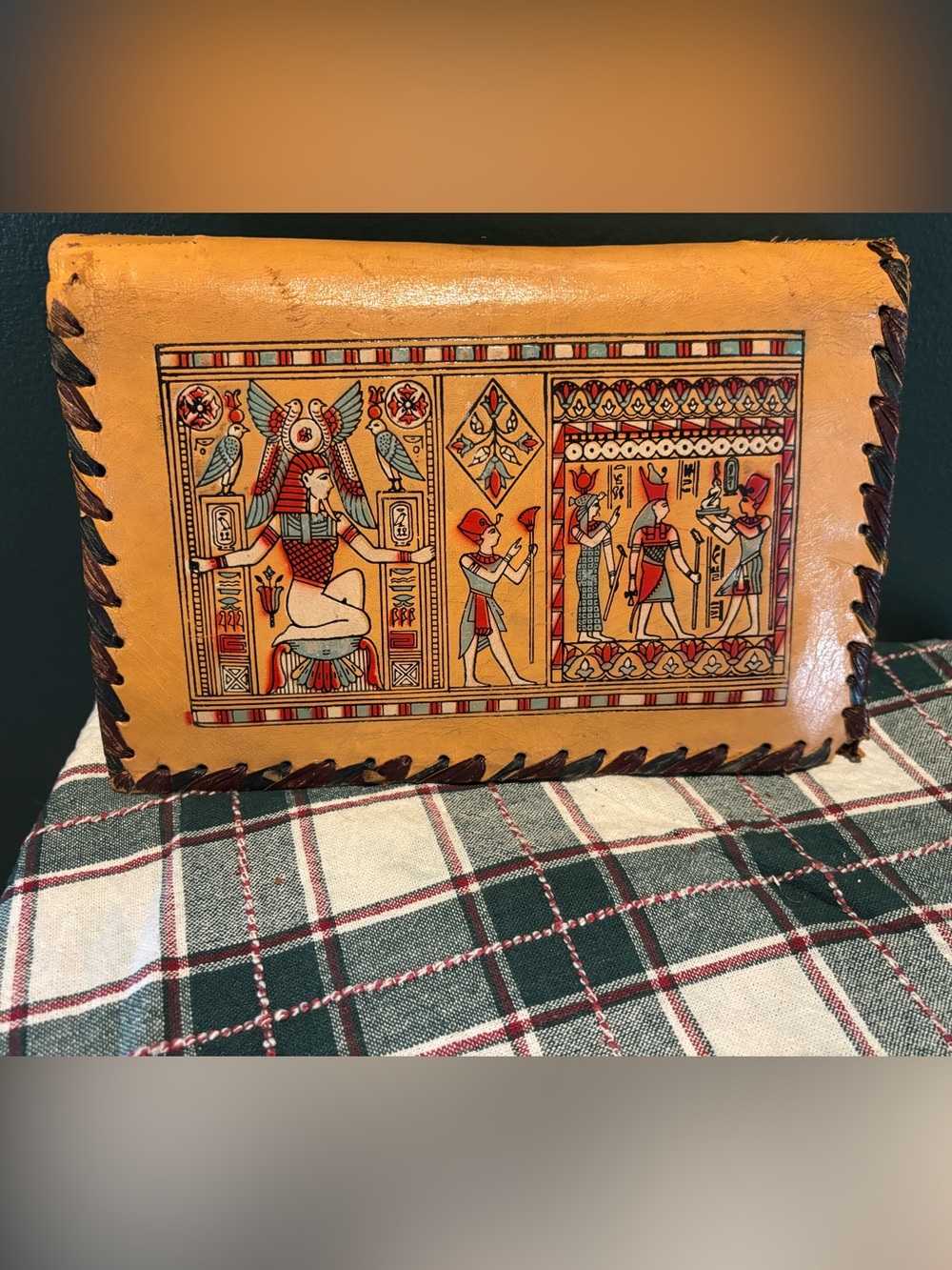 Stunning Antique 1940’s Tooled Leather Clutch Bag with Egyptian Design